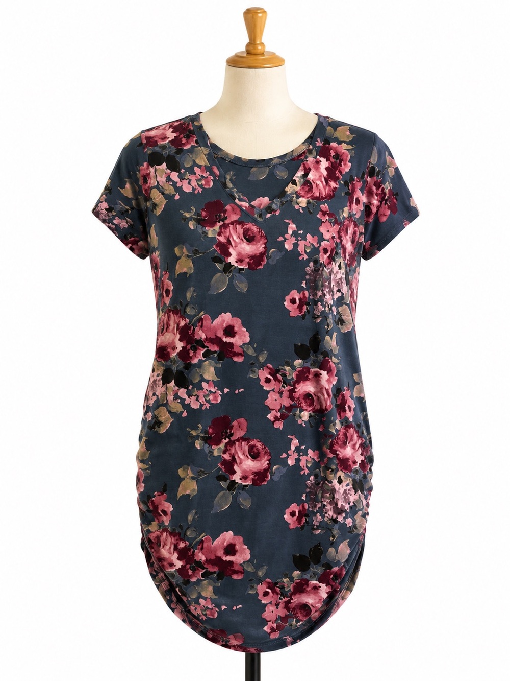 Floral V-Neck Short Sleeve Top in Blue with Pink Roses
